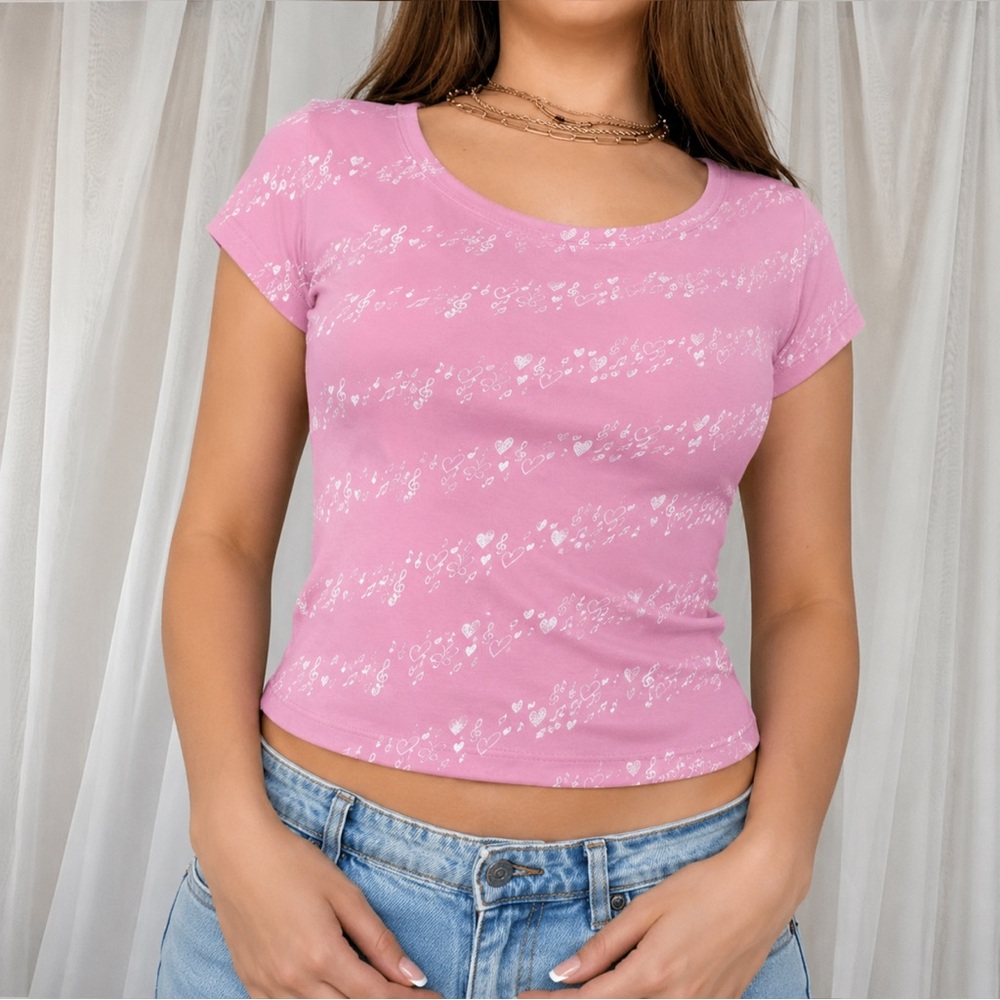 Vintage Y2K Aeropostale Pink Hearts Music Notes Graphic Tee M